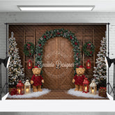 Lofaris Rustic Christmas Barn Door Photography Backdrop Flocked Trees with Teddy Bears Farmhouse Holiday Background